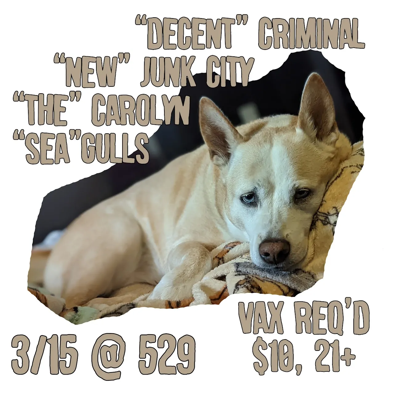 Flyer with a cut-out photo of a resting dog and tan lettering that puts quotation marks around Decent Criminal, New Junk City, The Carolyn and Seagulls, 3/15 at 529, vax required, $10, 21+.
