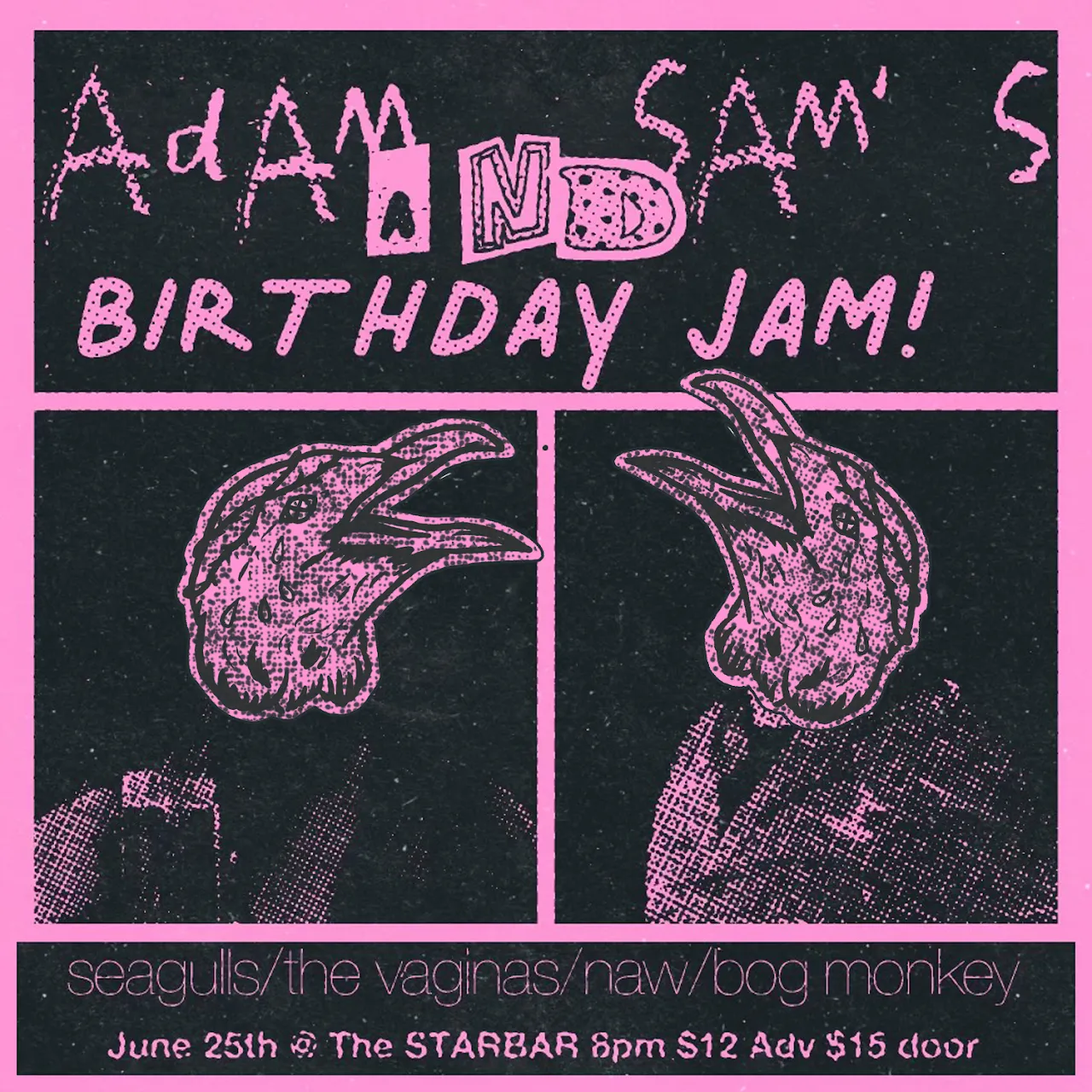 Pink and black flyer for Adam and Sam's Birthday Jam with two bird illustrations, June 25th at The Starbar, 8pm, $12 advance, $15 door.