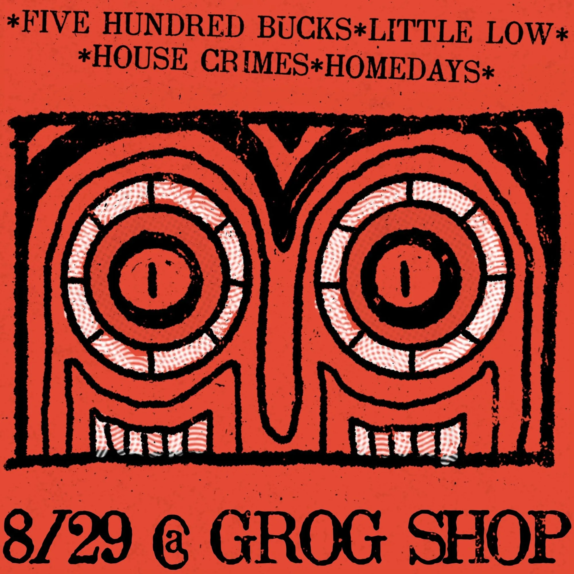 Square social media flyer in black on red. The wide ringed eyes and teeth of the tiki face fill the page, with the four bands across the top and 8/29 at Grog Shop along the bottom.