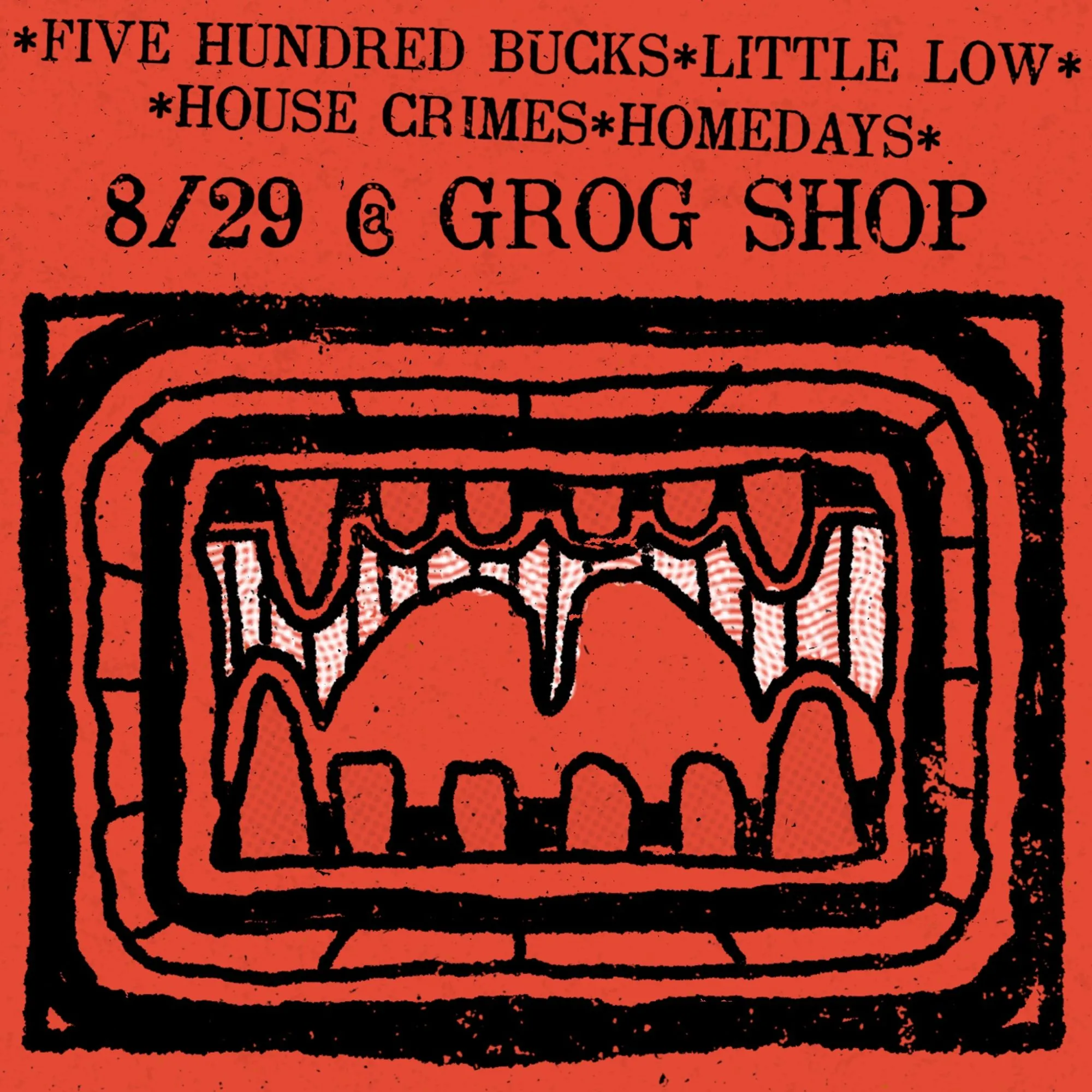 Square social media flyer in black on red. The snarling toothy mouth of the tiki face fills the page, under the four bands and 8/29 at Grog Shop.
