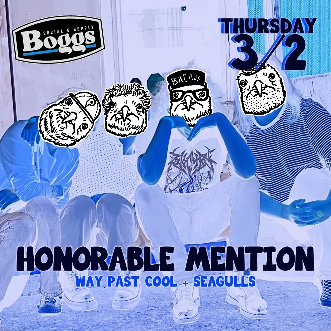 Square flyer in blue tones with a color-inverted band photo and bird heads in place of faces for Boggs, Thursday 3/2, with Honorable Mention, Way Past Cool and Seagulls.